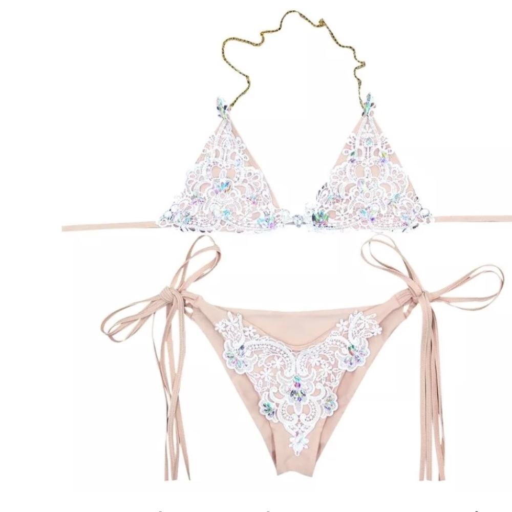 Nude beige lace crystal rhinestone bikini swimsuit yacht beach babe sexy Vegas - Picture 5 of 6